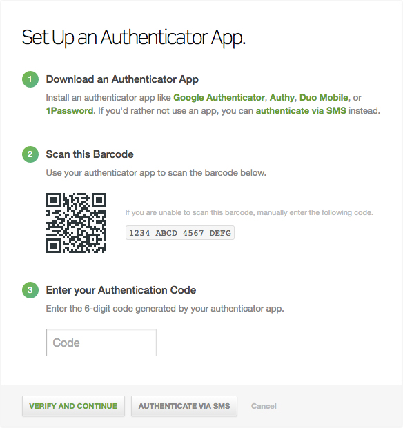 Receive a code for two-factor authentication